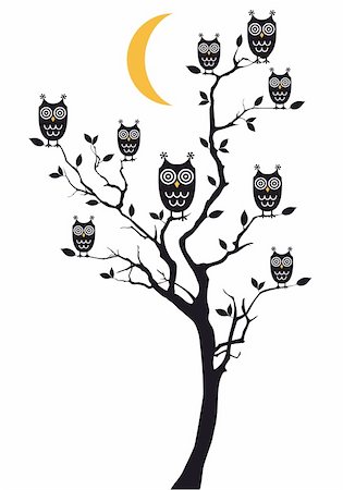 owls sitting on tree branch, vector background Stock Photo - Budget Royalty-Free & Subscription, Code: 400-06421976