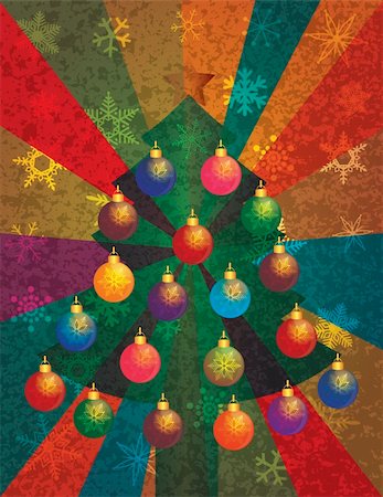 simsearch:400-06418836,k - Christmas Tree with Colorful Ornaments and Star Tree Topper on Snowflakes and Colorful Rays Texture Background Illustration Stock Photo - Budget Royalty-Free & Subscription, Code: 400-06422350