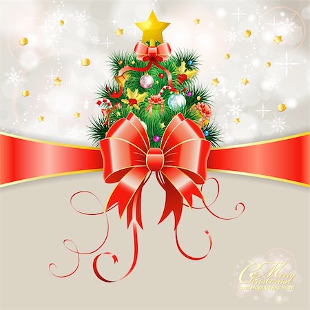 ribbon streamer celebration vector - Christmas Greeting Card with Christmas Tree and Bow, vector illustration Stock Photo - Budget Royalty-Free & Subscription, Code: 400-06422464