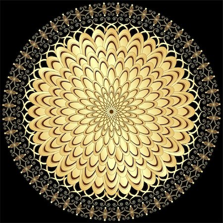 Decorative gold flower with vintage round patterns on black(vector) Stock Photo - Budget Royalty-Free & Subscription, Code: 400-06423145