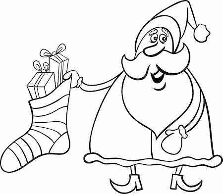 simsearch:400-08708552,k - Cartoon Illustration of Funny Santa Claus or Papa Noel with Big Sock full of Christmas Presents and Gifts for Coloring Book or Page Stock Photo - Budget Royalty-Free & Subscription, Code: 400-06423306