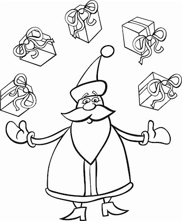 simsearch:400-08708552,k - Cartoon Illustration of Funny Santa Claus or Papa Noel juggling Christmas Presents or Gifts for Coloring Book or Page Stock Photo - Budget Royalty-Free & Subscription, Code: 400-06423303