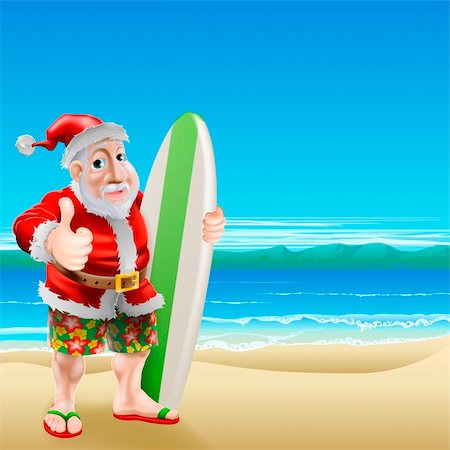 An illustration of Santa Claus standing in shorts and sandals on a beach holding a surfboard and doing a thumbs up Stock Photo - Budget Royalty-Free & Subscription, Code: 400-06430479