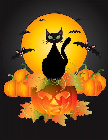 simsearch:400-06418836,k - Halloween Black Cat Sitting on Carved Jack-O-Lantern Pumpkin with Moon and Bats Illustration Stock Photo - Budget Royalty-Free & Subscription, Code: 400-06454363