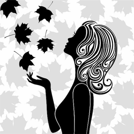 Line art of young woman with leaves flying round Stock Photo - Budget Royalty-Free & Subscription, Code: 400-06454374