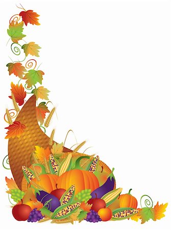 simsearch:400-04227157,k - Thanksgiving Day Fall Harvest Cornucopia Pumpkin Eggplant Grapes Corns Apples with Leaves and Twine Border Illustration Stock Photo - Budget Royalty-Free & Subscription, Code: 400-06455295