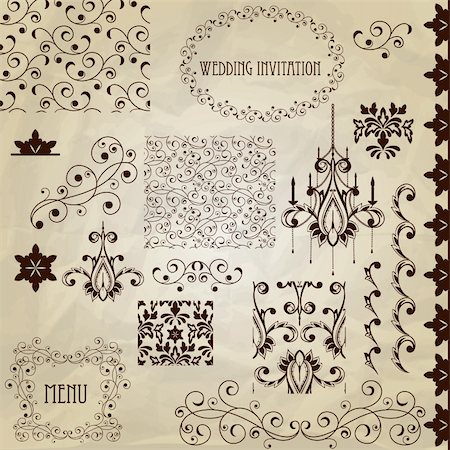 simsearch:400-06389983,k - Vector set: vintage design elements on crumpled paper texture, also  includes 4 seamless brushes and 4 patterns in swatch menu, eps10 transparency effects, standart AI font "eccentric std" Stock Photo - Budget Royalty-Free & Subscription, Code: 400-06455881