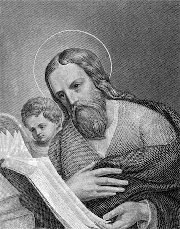 evangelist - Saint Matthew on engraving from 1859. One of the twelve Apostles of Jesus and one of the four Evangelists. Engraved by C.Barth and published in Meyers Konversations-Lexikon, Germany,1859. Stock Photo - Budget Royalty-Free & Subscription, Code: 400-06456543