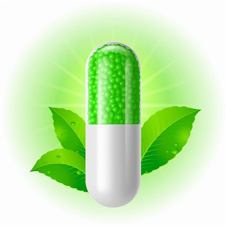 Organic capsule with green Leaves. Illustration on white for design Stock Photo - Budget Royalty-Free & Subscription, Code: 400-06459995