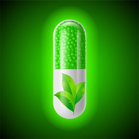 pharmaceutical plant - Organic capsule with green Leaves. Illustration on green Photographie de stock - Aubaine LD & Abonnement, Code: 400-06459996
