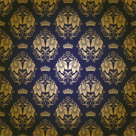 simsearch:400-05888512,k - Damask seamless floral pattern. Royal wallpaper. Flowers, crowns on a blue background. EPS 10 Stock Photo - Budget Royalty-Free & Subscription, Code: 400-06453134