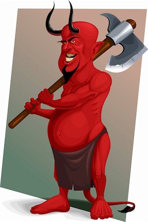 cartoon vector illustration of red demon in a loincloth and with an ax in the hands of Stock Photo - Budget Royalty-Free & Subscription, Code: 400-06453818
