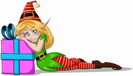 simsearch:400-06462885,k - A vector illustration of an elf girl laying and leaning on a Christmas present. Stock Photo - Budget Royalty-Free & Subscription, Code: 400-06462883