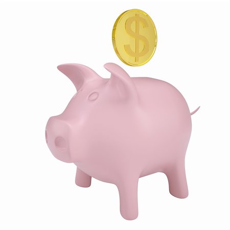 simsearch:400-06077471,k - Gold coin drops into a pink piggy bank. Isolated render on a white background Stock Photo - Budget Royalty-Free & Subscription, Code: 400-06463412
