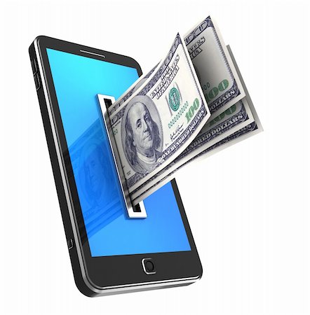 Modern phone with dollars isolated on a white background Stock Photo - Budget Royalty-Free & Subscription, Code: 400-06478010