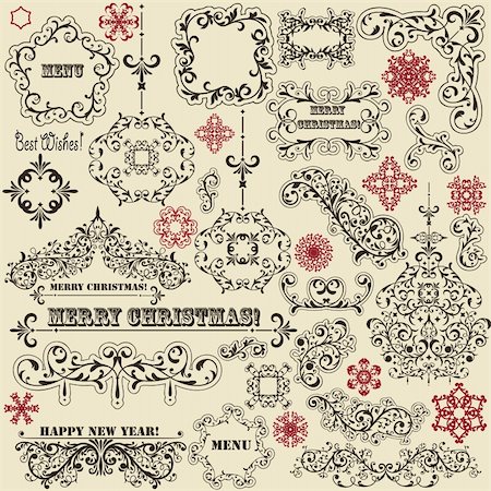 vector vintage holiday floral  design elements  and snowflakes, fully editable eps 8 file, standard AI fonts: rosewood std, stencil std bold, eccentric std, gyddyup std Stock Photo - Budget Royalty-Free & Subscription, Code: 400-06479998