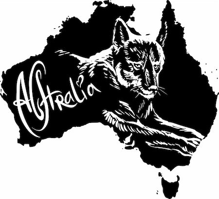 Dingo on map of Australia. Black and white vector illustration. Stock Photo - Budget Royalty-Free & Subscription, Code: 400-06472141