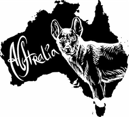 Dingo on map of Australia. Black and white vector illustration. Stock Photo - Budget Royalty-Free & Subscription, Code: 400-06472142