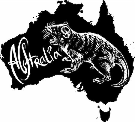 Tasmanian devil (Sarcophilus harrisii) on map of Australia. Black and white vector illustration. Stock Photo - Budget Royalty-Free & Subscription, Code: 400-06472155