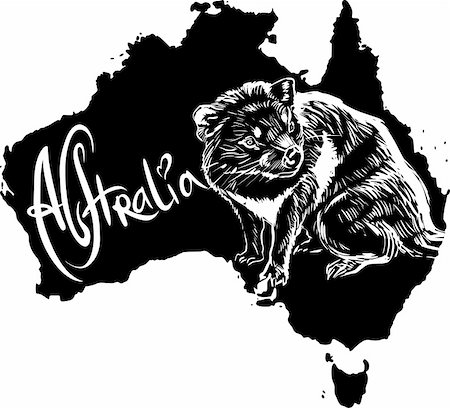 Tasmanian devil (Sarcophilus harrisii) on map of Australia. Black and white vector illustration. Stock Photo - Budget Royalty-Free & Subscription, Code: 400-06472156