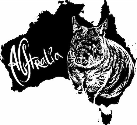 Wombat on map of Australia. Black and white vector illustration. Stock Photo - Budget Royalty-Free & Subscription, Code: 400-06472159