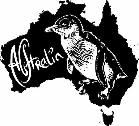 Little penguin (Eudyptula minor) on map of Australia. Black and white vector illustration. Stock Photo - Budget Royalty-Free & Subscription, Code: 400-06472151