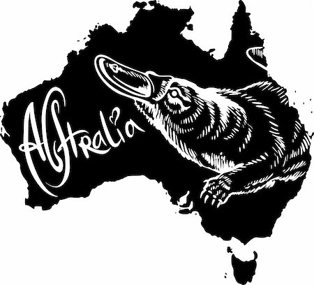 Platypus (Ornithorhynchus anatinus) on map of Australia. Black and white vector illustration. Stock Photo - Budget Royalty-Free & Subscription, Code: 400-06472152