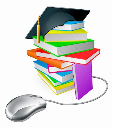 Online education, training or learning concept, a computer mouse connected to a stack of books with graduation cap on it. Stock Photo - Budget Royalty-Free & Subscription, Code: 400-06485248