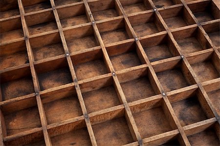 detail of vintage grunge wood typesetter drawer with dividers Stock Photo - Budget Royalty-Free & Subscription, Code: 400-06482177
