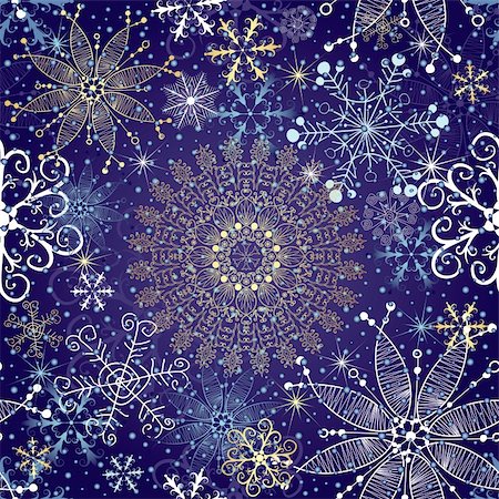 Christmas dark blue seamless pattern with gold and white vintage snowflakes (vector) Stock Photo - Budget Royalty-Free & Subscription, Code: 400-06482179