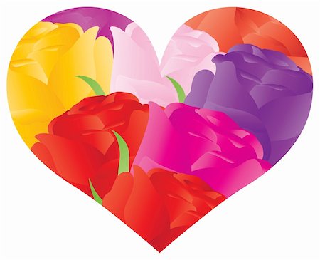 flowers bouquet vector - Colorful Roses Bouquet in Heart Shape Outline for Valentines Wedding Anniversary Mothers Day Illustration on White Background Stock Photo - Budget Royalty-Free & Subscription, Code: 400-06482180