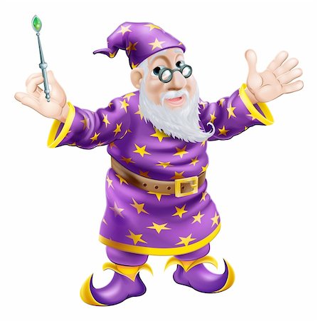 A cartoon cute friendly old wizard character holding a wand Stock Photo - Budget Royalty-Free & Subscription, Code: 400-06483597