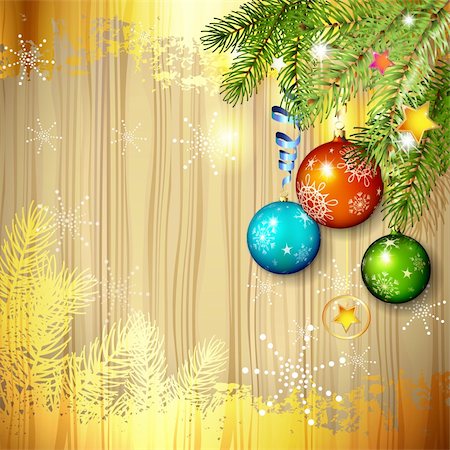 Wood background with Christmas ball and pine tree branch Stock Photo - Budget Royalty-Free & Subscription, Code: 400-06514631