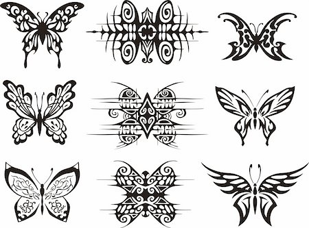 Set of symmetric butterfly tattoos. EPS vector illustrations. Stock Photo - Budget Royalty-Free & Subscription, Code: 400-06514941