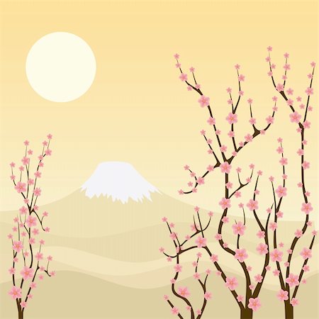 Illustration of sakura branches with mountain on the background. Also available as a Vector in Adobe illustrator EPS 8 format, compressed in a zip file. Stock Photo - Budget Royalty-Free & Subscription, Code: 400-06515037