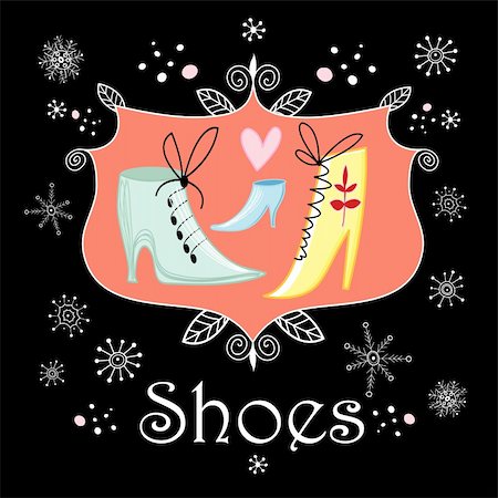 simsearch:400-08627385,k - Bright decorative background with shoes on black with snowflakes Stock Photo - Budget Royalty-Free & Subscription, Code: 400-06515303
