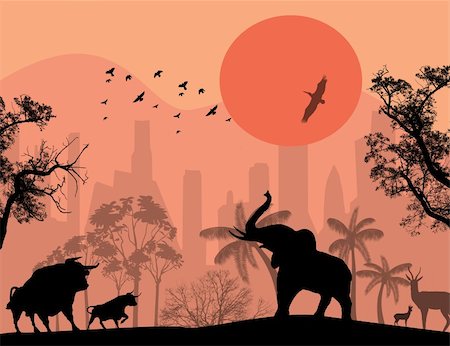 decorated asian elephants - Wild animals in the city park at sunset, vector illustration Stock Photo - Budget Royalty-Free & Subscription, Code: 400-06515612