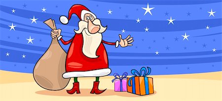simsearch:400-08708552,k - Greeting Card Cartoon Illustration of Santa Claus or Papa Noel or Father Christmas with Christmas Presents and Stars Stock Photo - Budget Royalty-Free & Subscription, Code: 400-06517588