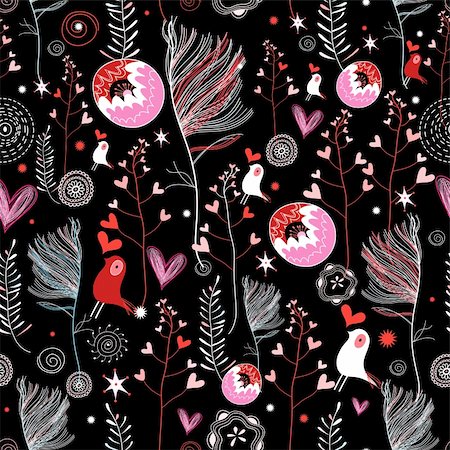 seamless beautiful pattern of feathers and love birds on a black background Stock Photo - Budget Royalty-Free & Subscription, Code: 400-06518545