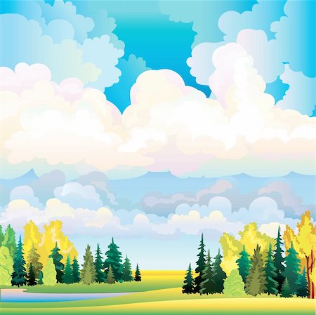 Autumn landscape with group of clouds on a blue sky, lake, yellow trees and green meadow Stock Photo - Budget Royalty-Free & Subscription, Code: 400-06519172