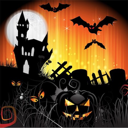 Halloween card design with pumpkin and ghost house Stock Photo - Budget Royalty-Free & Subscription, Code: 400-06513203