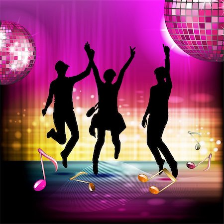 Musical notes with disco ball and silhouettes Stock Photo - Budget Royalty-Free & Subscription, Code: 400-06513347