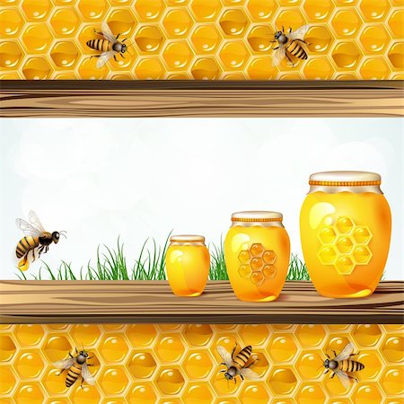 Landscape frame with glass jar bees and honeycombs Stock Photo - Budget Royalty-Free & Subscription, Code: 400-06513531