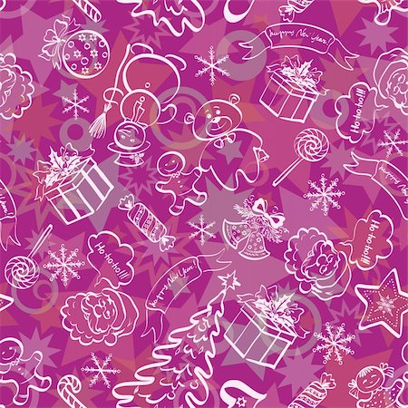 Christmas cartoon seamless background for holiday design, white contours on lilac. Vector eps10, contains transparencies Stock Photo - Budget Royalty-Free & Subscription, Code: 400-06513655