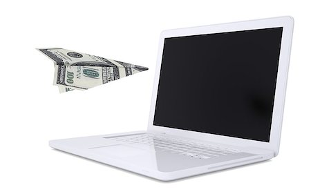 simsearch:700-05452103,k - White laptop and the plane of dollars. Isolated render on a white background Stock Photo - Budget Royalty-Free & Subscription, Code: 400-06524160