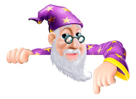 An illustration of a cute friendly old wizard character above a sign or banner pointing down at it Stock Photo - Budget Royalty-Free & Subscription, Code: 400-06524568