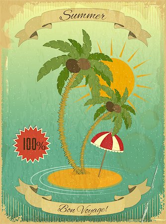 Retro Grunge Summer Vacation Postcard - Sea, Palm trees and Sun on Vintage background. Vector Illustration. Stock Photo - Budget Royalty-Free & Subscription, Code: 400-06524563