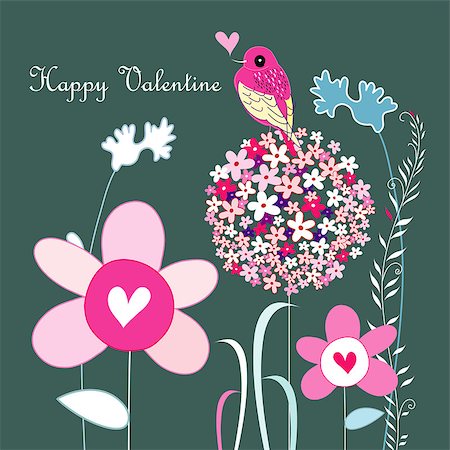 flowers drawings - Bright flowers and hearts with love bird on a dark green background Stock Photo - Budget Royalty-Free & Subscription, Code: 400-06524879