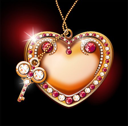 simsearch:400-05887181,k - inlaid golden heart with shining diamonds and rubies with key on black background Stock Photo - Budget Royalty-Free & Subscription, Code: 400-06526212