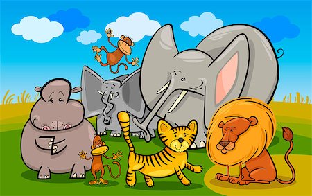 simsearch:400-04053564,k - Cartoon Illustration of Cute African Safari Wild Animals Group against Blue Sky Stock Photo - Budget Royalty-Free & Subscription, Code: 400-06527087